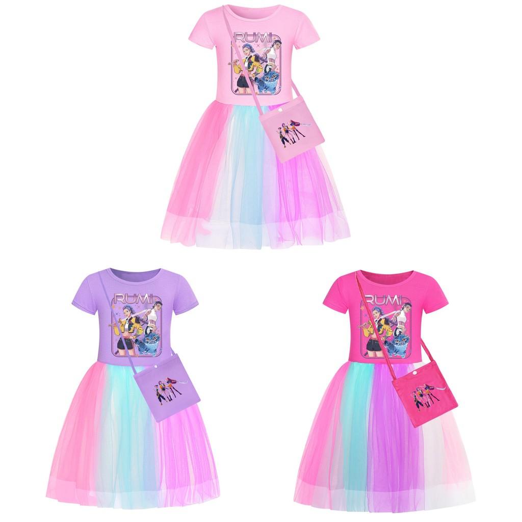Kpop Demon Hunters Pattern Girl Dress With Cotton Fabric And Pleated Skirt For Kids Girls