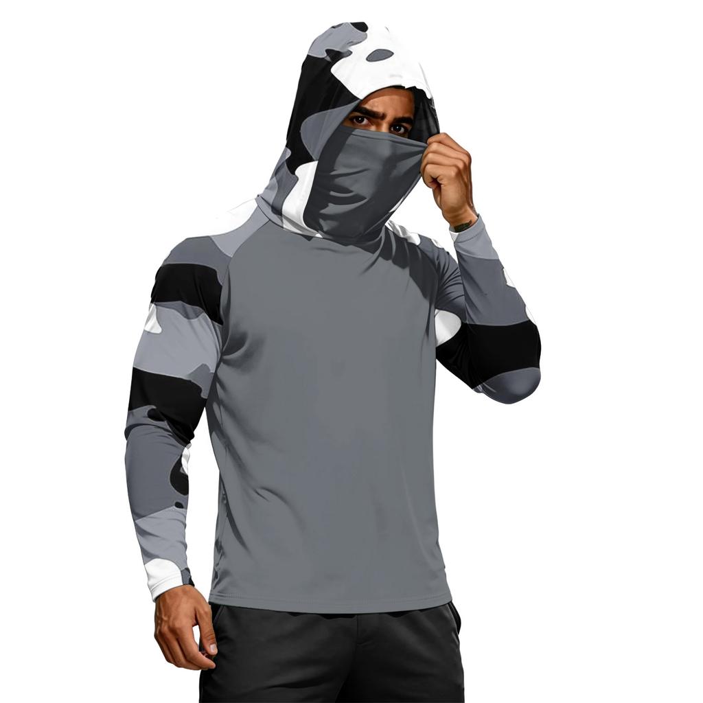 Men's Long Sleeve Hooded Shirt Camouflage Print Pullover Lightweight Athletic Top for Outdoor Activities