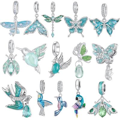 Creative Blue-Green Butterfly & Bird Silver 925 Beads for DIY Spring Bracelet Accessories