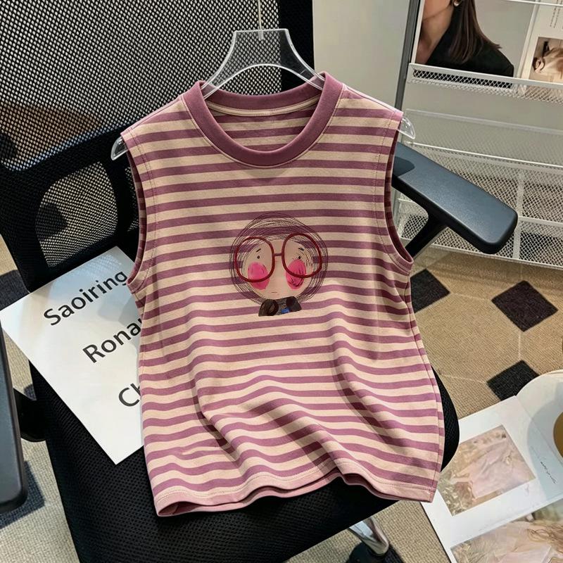 Girls' Cartoon Patchwork Stripe Sleeveless Tank Top (6-12 Years) - Summer 2026 Collection