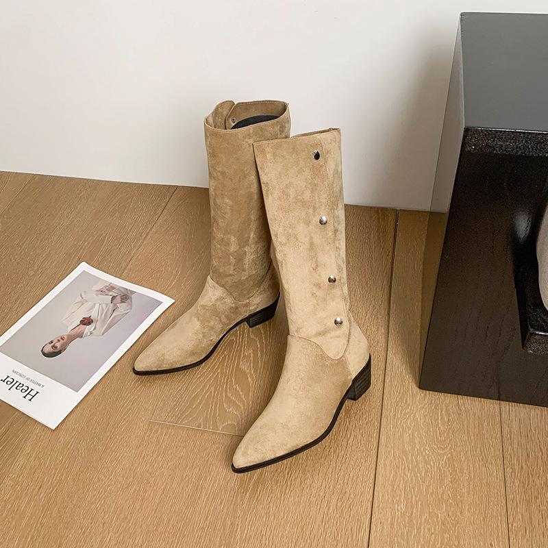 2025 Autumn New Women's Fashion Boots Suede Retro Mid Tube High Fashion Boots Women's Thick Heel Winter