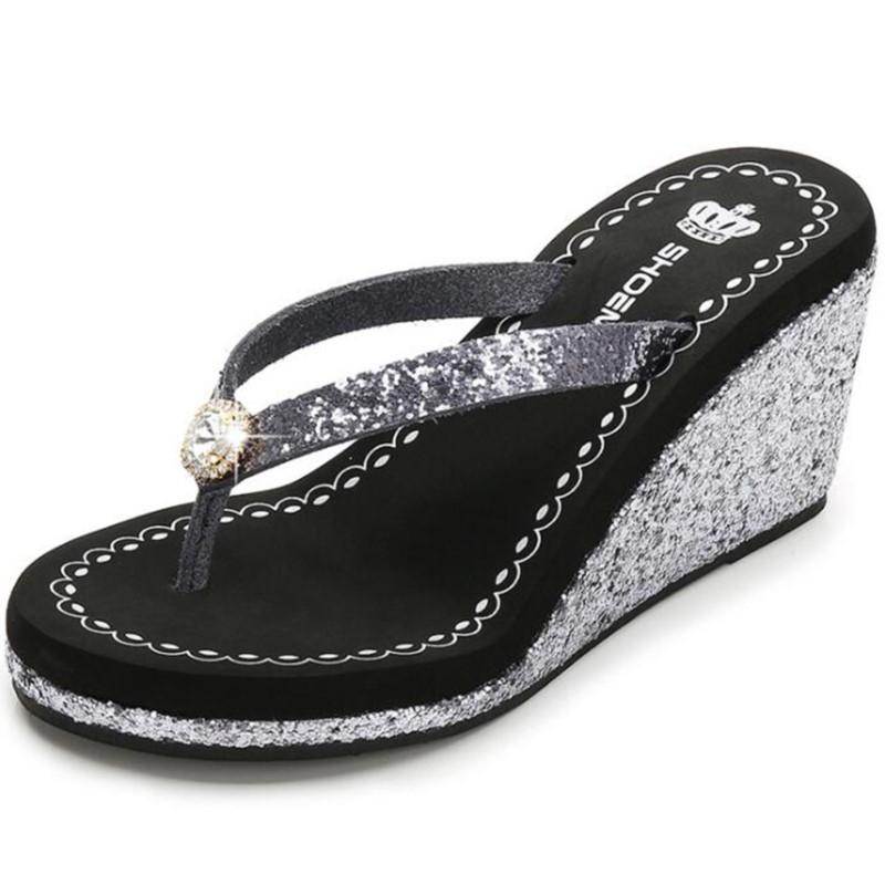 New summer Sequins Thick Bottom Slippers Sandals Summer Women Beach Wedges Shoes Sexy High Heel Rhinestone Flip Fops women
