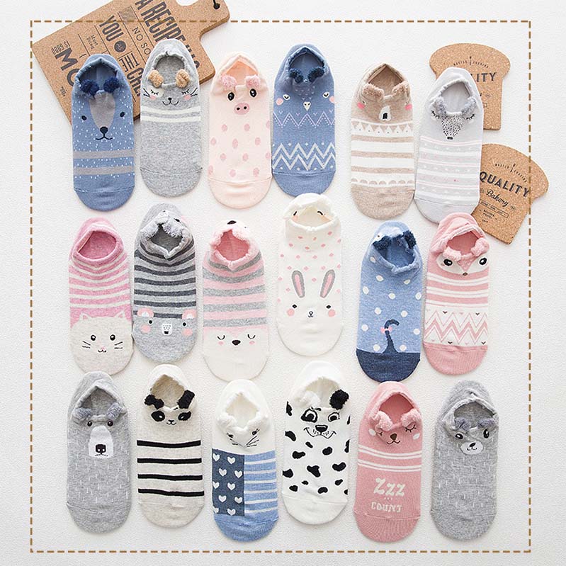 5 Pairs Women's Socks Spring Summer Three-Dimensional Shallow Mouth Cartoon Female Cotton Invisible Japanese Cute Animals Socks