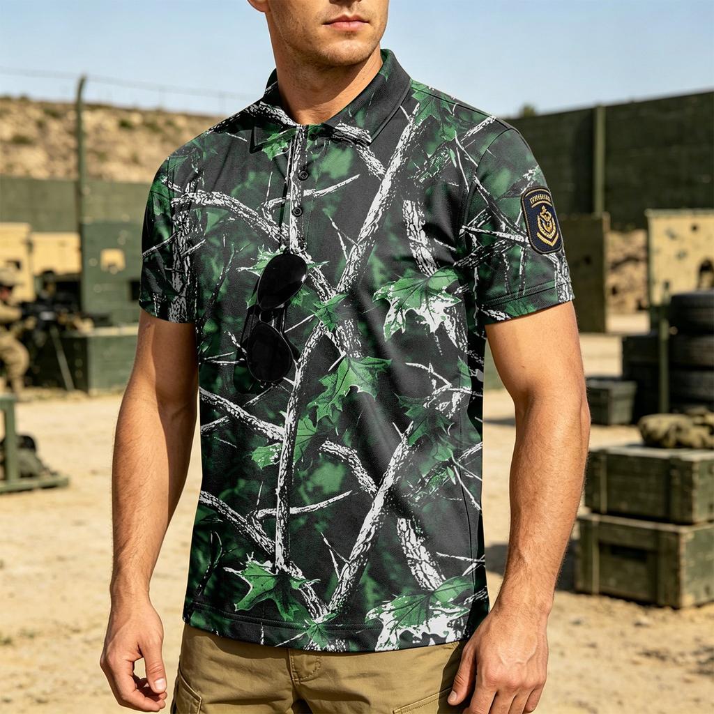 Men's Tactical Short Sleeve Polo Shirt Loose Fit Breathable Outdoor Quick Dry Camouflage Print with Magic Tape Patch Area