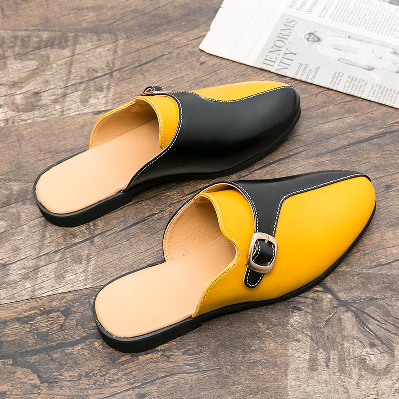 Cross46 Men's Large Summer Closed-Toe Leather Slip-Ons: Fashionable Retro Color Block Outdoor Shoes