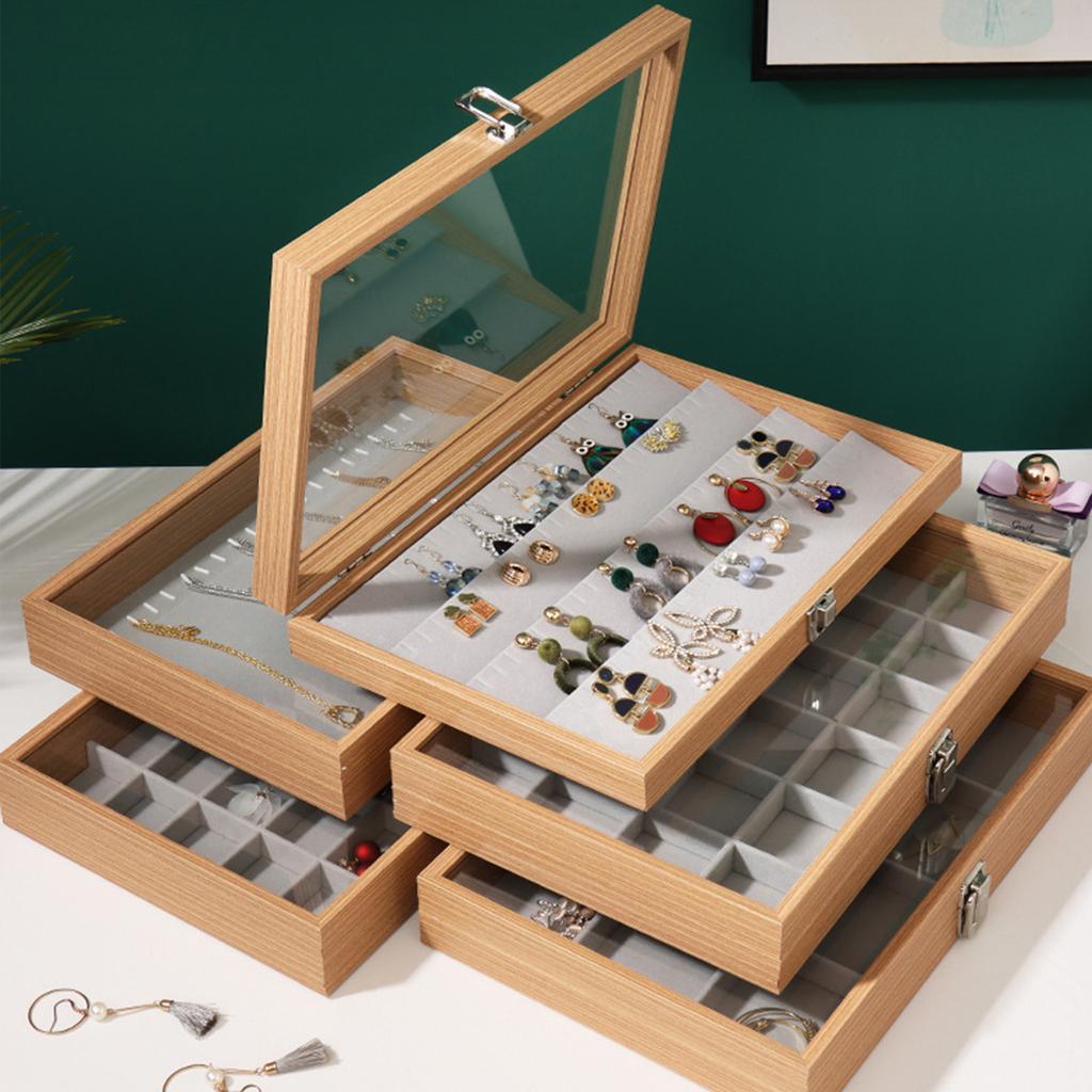 Jewelry Box Wood Frame with Multiple Compartments for Women Ladies Earrings Rings and Necklaces Display Organizer