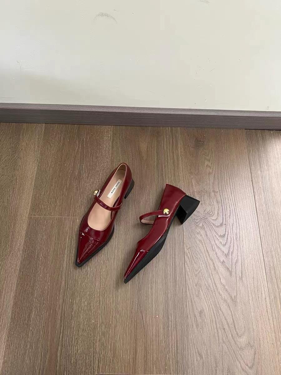 

Остроносые маленькие кожаные туфли женские 2025 новая весна толстый каблук низкий каблук высокий каблук ретро французский темперамент Мэри Джейн туфли-лодочки 40 бордовый
