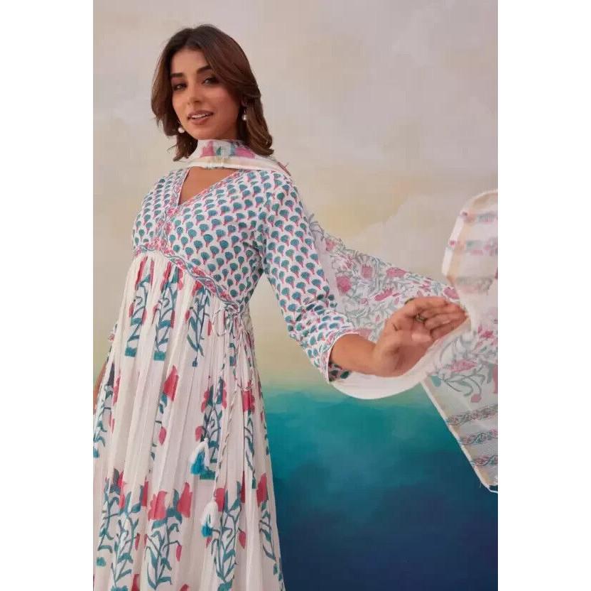 Indian Cotton Rayon Kurta Pant Dupatta Set Women Bollywood Salwar Kameez Kurti VF-20138