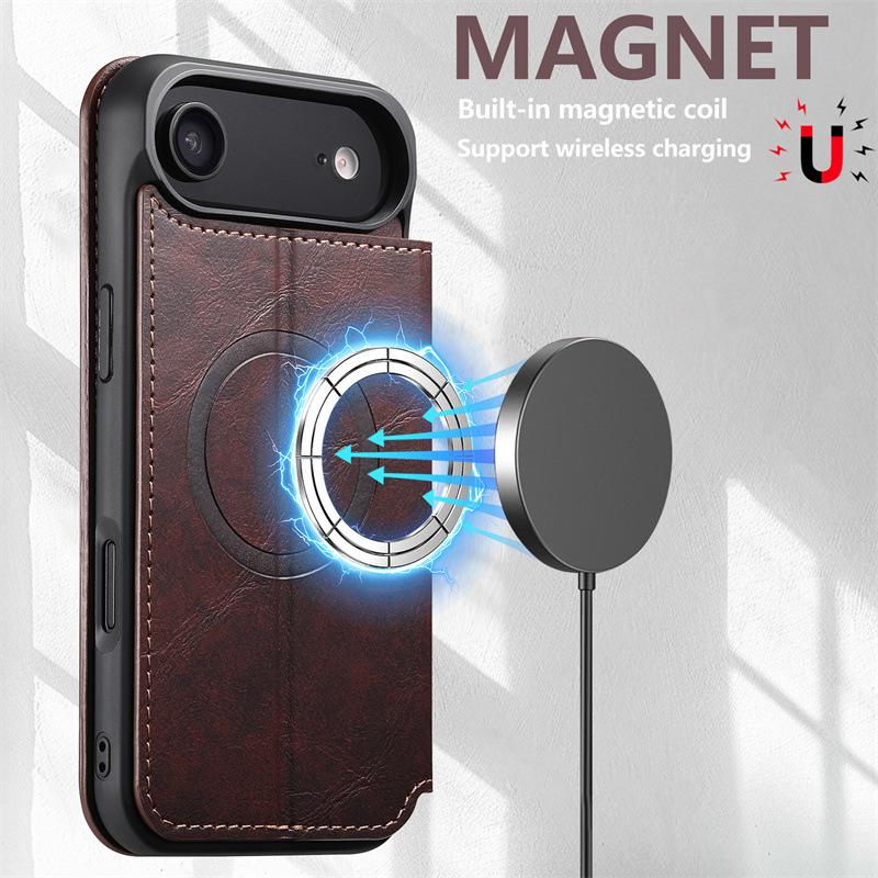 Magnetische Klapp-Brieftaschenhülle für iPhone 12/13 - Ölwachs-Leder, Magnetisches Laden, Kompatibel mit Apple 16/17 Pro Max