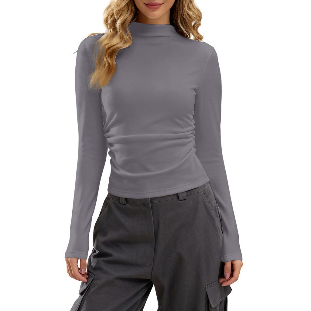 Women's Fashionable And Casual Color Semi High Neck Long Sleeve Base Layer Top