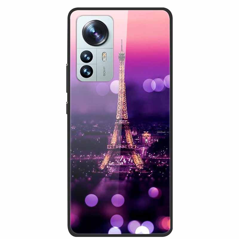 Luxus Hülle für Xiaomi 12T Pro Blumen Gehärtetes Glas Hülle für Xiaomi 12T TPU Stoßfänger Xiaomi 12 T Harte Schwarze Hülle Bunte Capa