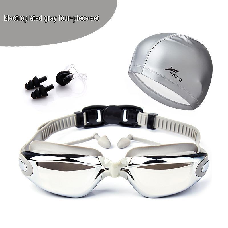 Fike High-Definition Waterproof Anti-Fog Swimming Goggles Set with Swim Cap, Large Plated Frame, Unisex