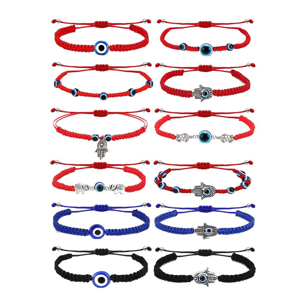 Evil Eye Adjustable Bracelet Set: 12-Piece Woven Rope with 7 Knots