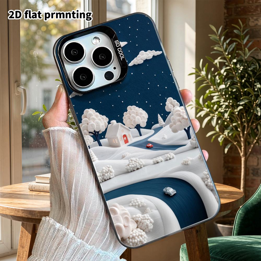 Phone Case: 2D Flat Design for iPhone 13 Pro To 18, Color Silver, Couple Style, Winter Night Town Theme, Perfect Gift for Christmas and Halloween