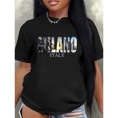 T-shirt da donna Milano Italia Stampa Geometrica Girocollo Manica Corta Poliestere Elasticizzato Stile Casual Maturo