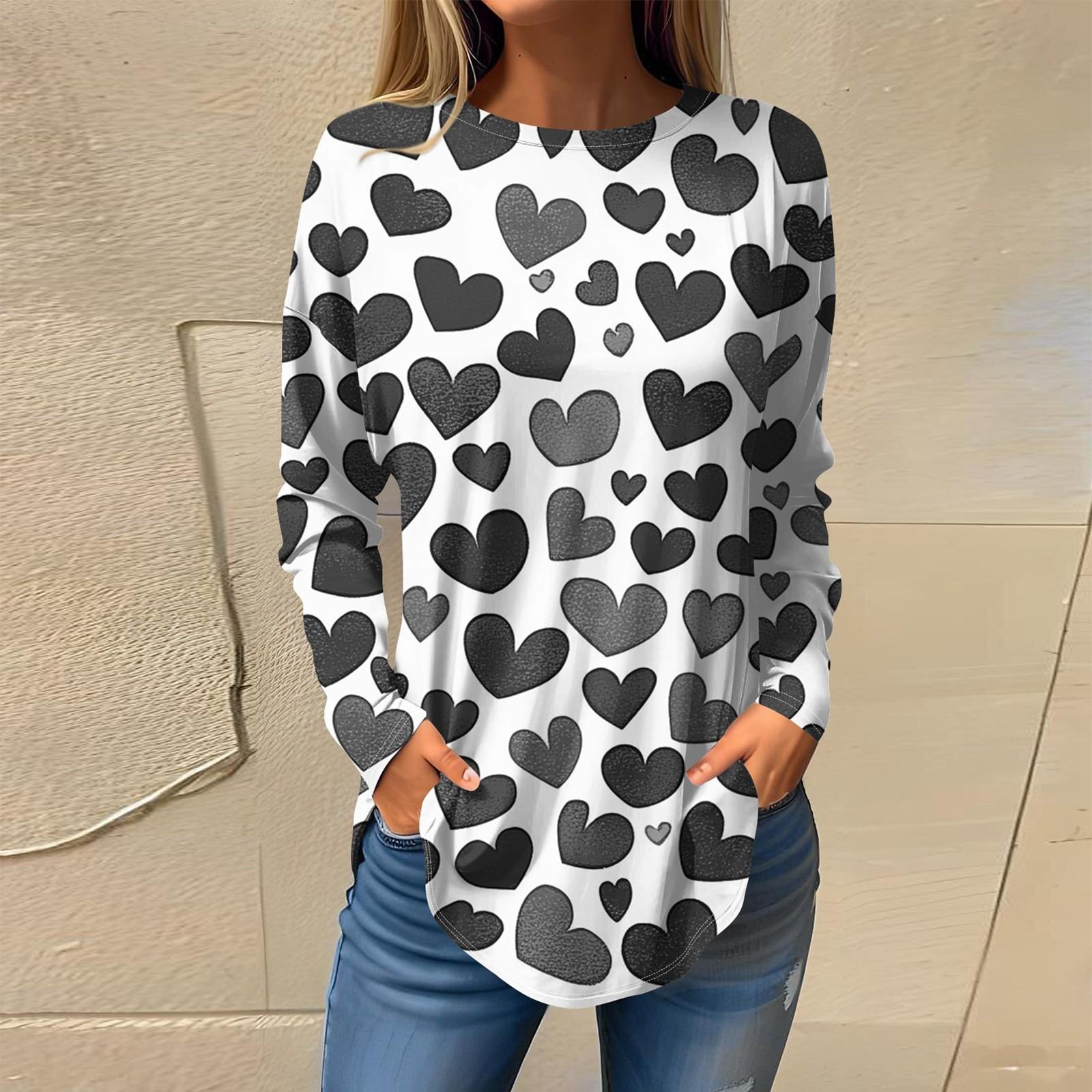 

Футболки женские осенние повседневные рубашки с длинным рукавом толстовка винтажный графический принт топ пуловер ко Дню святого Валентина L чёрный