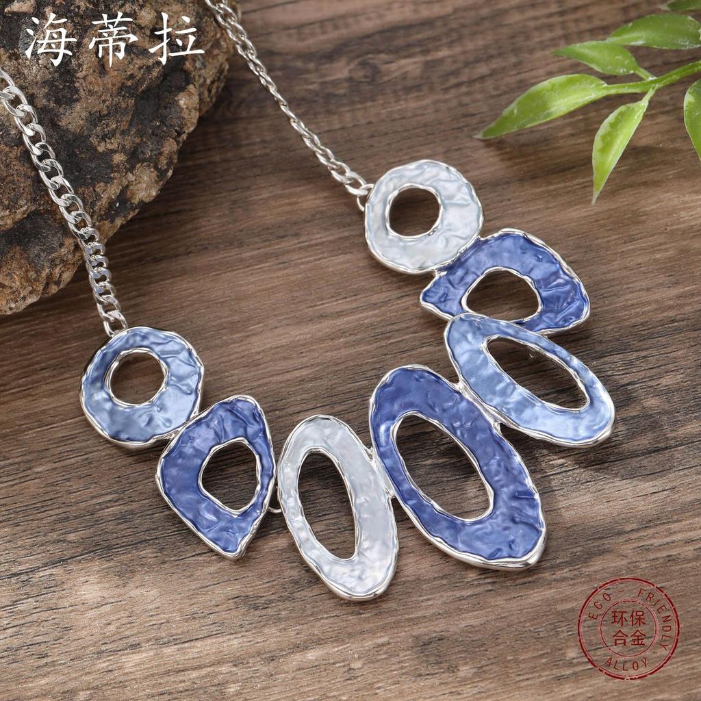 New Color Painting Oil Hollow Oval Geometric Necklace Personality Exaggerated Women's High Sense Irregular Neck Chain