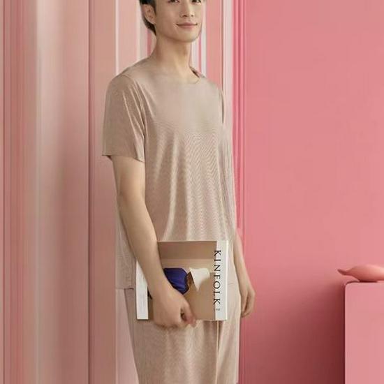 Ice Silk Couple Pajama Set - Seamless, Solid Color, Short Sleeve Sleepwear for Men & Women, Ideal for Spring/Summer