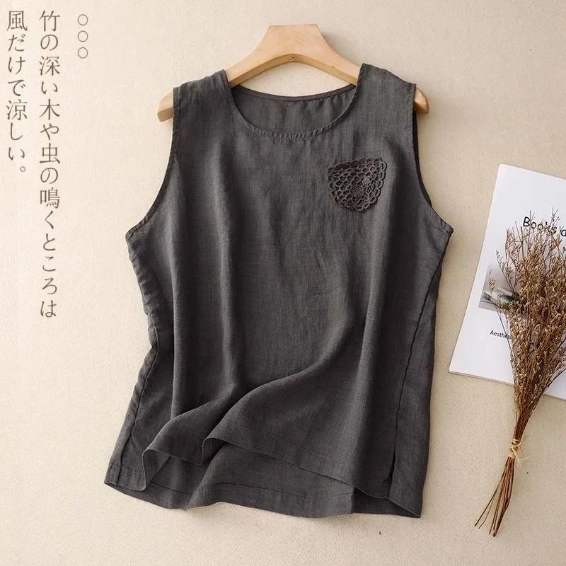 Women's Linen Sleeveless Tank Top with Lace Patch Loose Casual Top