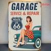 Route 66 Garage Tin Sign  Vintage Metal Wall Art with Retro Woman  Classic Car Design Funny Retro Service  Repair Plaque