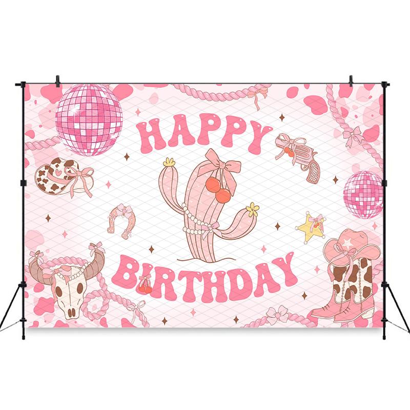 Mocsicka Pink Western Cowgirl Happy Birthday Photography Backdrop Cactus Cowboy Boots Background Cloth Girls Party Photo Booth