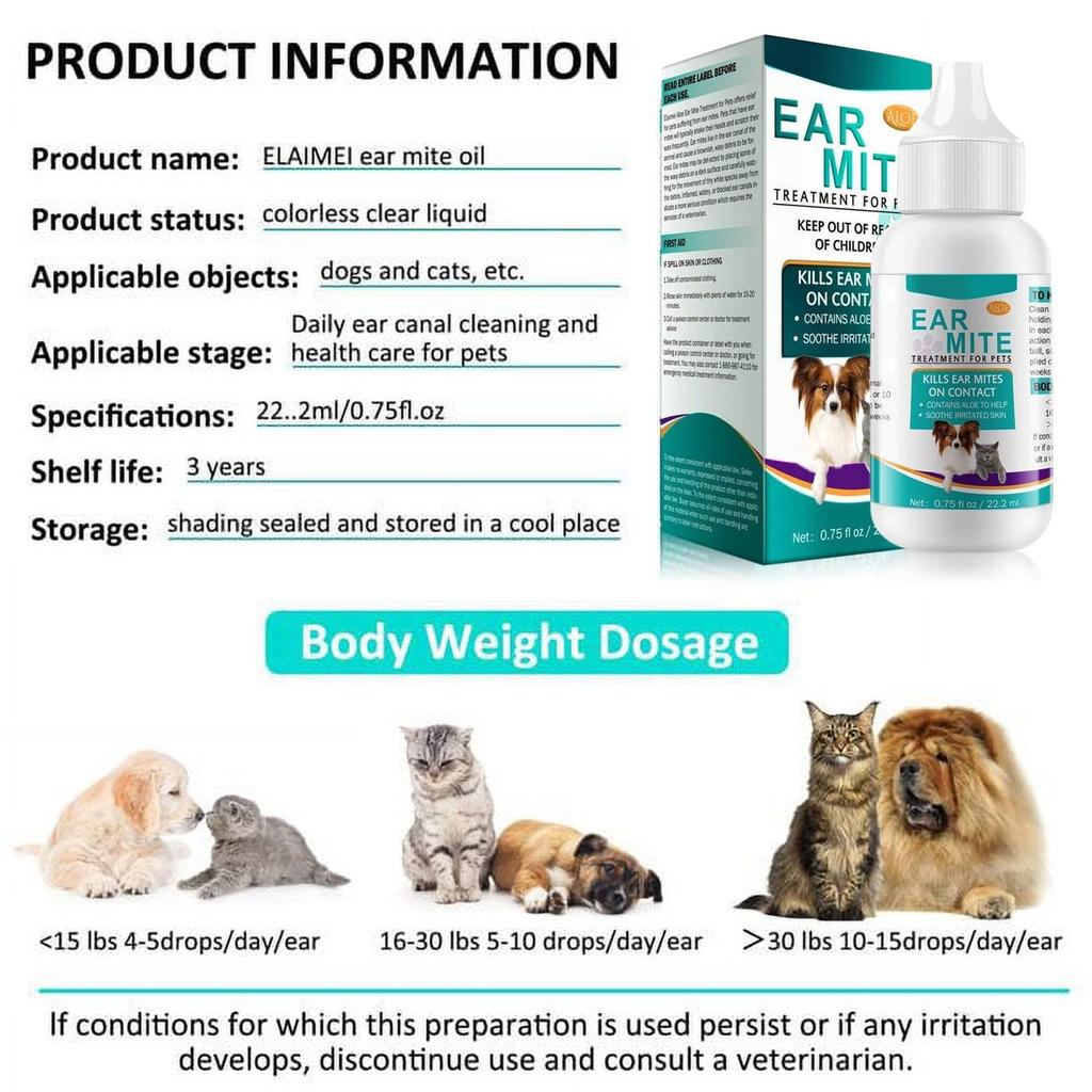 Psí čistič uší, Olej na čištění ušních roztočů pro psy, změkčuje ušní roztoče Inhibuje a zastavuje svědění pro kočky a psy 22 ml