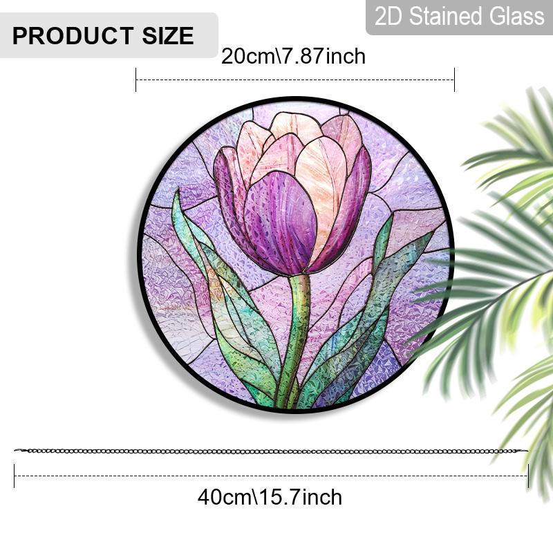 2D Flat Stained Glass Flower Window Decoration, 7.87inches Purple Tulips Design Colored Glass Plate with Chain, Charming Spring Summer Sun Catcher