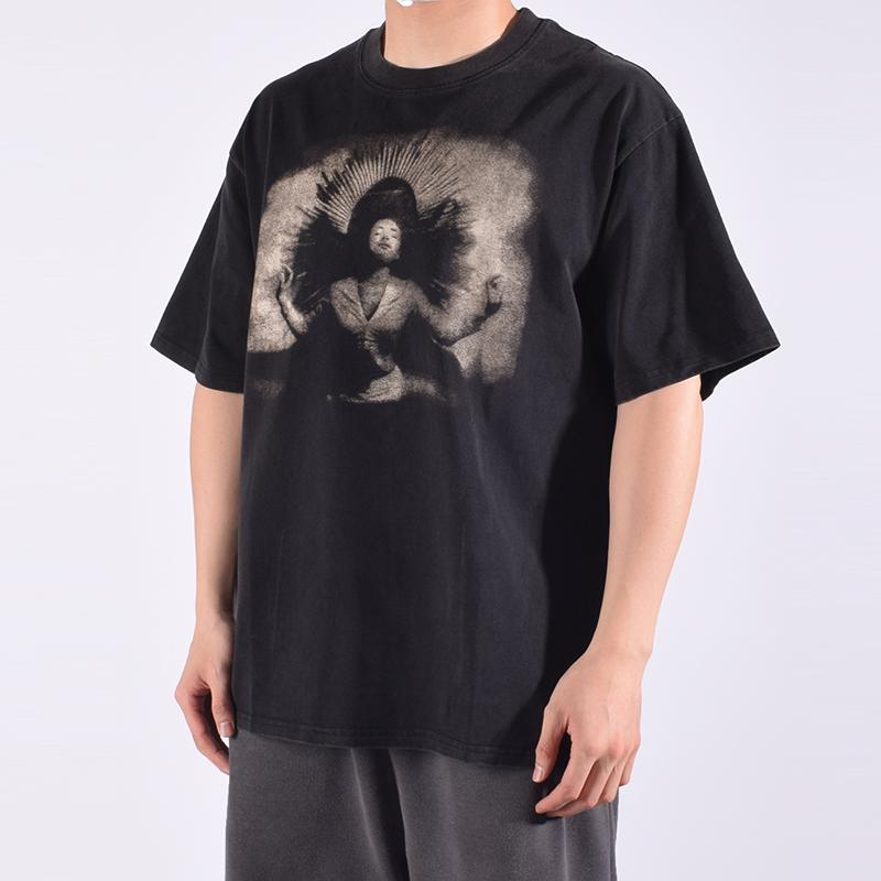 High quality VINTAGE TEE portrait pattern printed American casual summer washed retro loose sleeved street heavyduty Tshirt