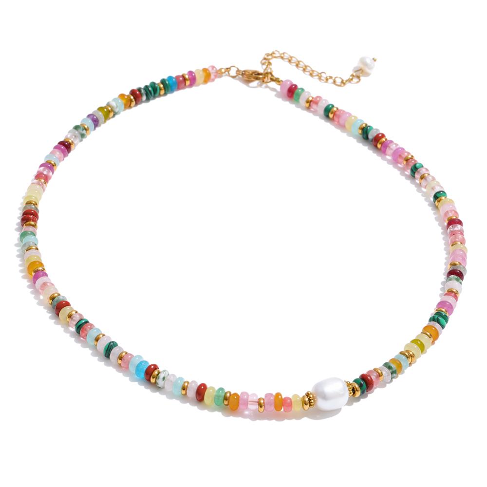 Colorful Natural Stone Beads Handmade Chain Y2K Fashion Necklace for Women Stainless Steel Waterproof Collar Jewelry Gift