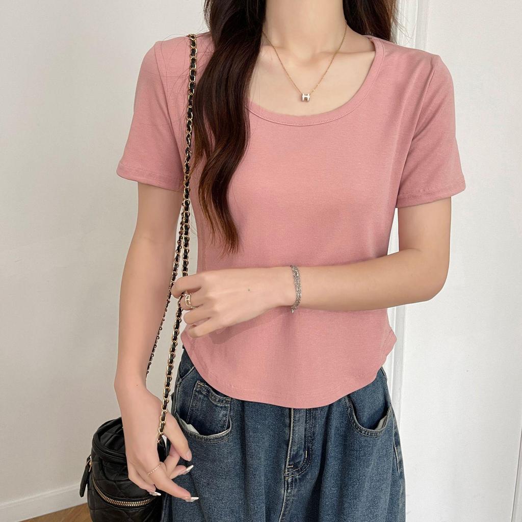 Women's Slim-Fit Pure Cotton U-Neck T-Shirt - Short Sleeve, Versatile Summer Outerwear