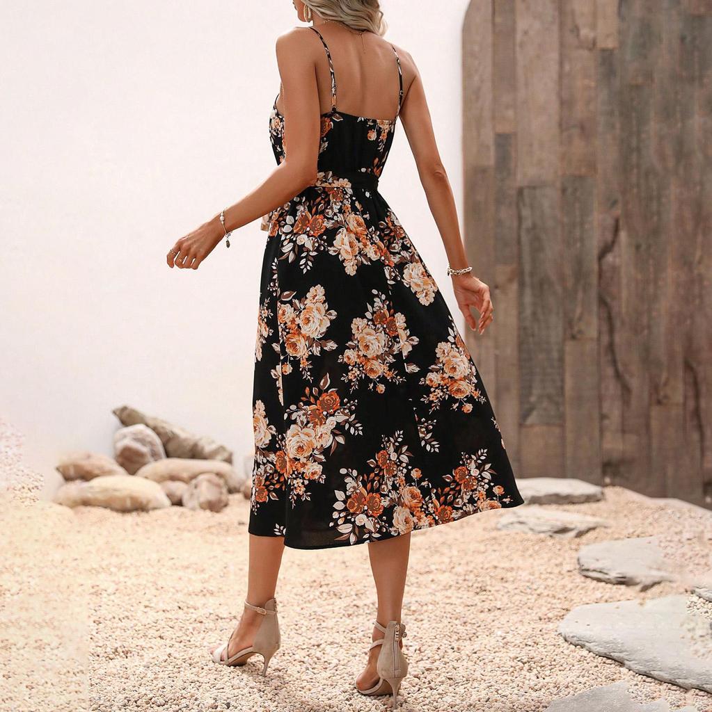 Women's Summer Ethnic Printed Short Sleeveless High Waist A Line Lace Up Dress