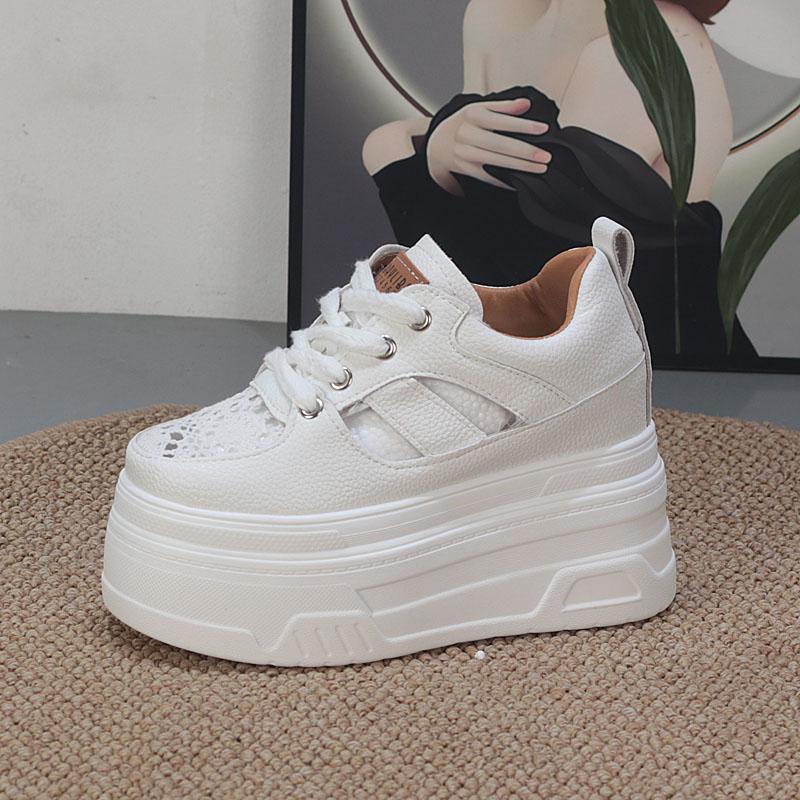 Fashion 12CM Air Mesh Genuine Leather Women Casual Platform Wedge Hidden Heel Summer Shoes Chunky Sneakers Fashion Hollow Sandals