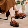 Johnature Echtes Leder Gewebte Schuhe mit dicker Sohle Retro Handgefertigte Damen Plateau-Sandalen