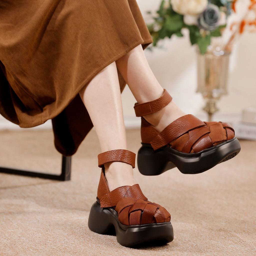 Johnature Echtes Leder Gewebte Schuhe mit dicker Sohle Retro Handgefertigte Damen Plateau-Sandalen