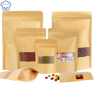 50pcs Kraft Paper Bags Zip Lock Brown With Window Stand Up Resealable Grip Ziplock Pouches Tea Coffee Bean Candy Packaging Food
