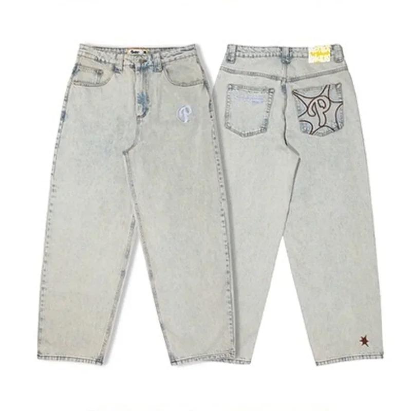 Streetwear Jeans Y2K Mens Pants Harajuku Hip Hop Letter Embroidery Vintage Blue Baggy Jeans High Waist Wide Leg Trouser