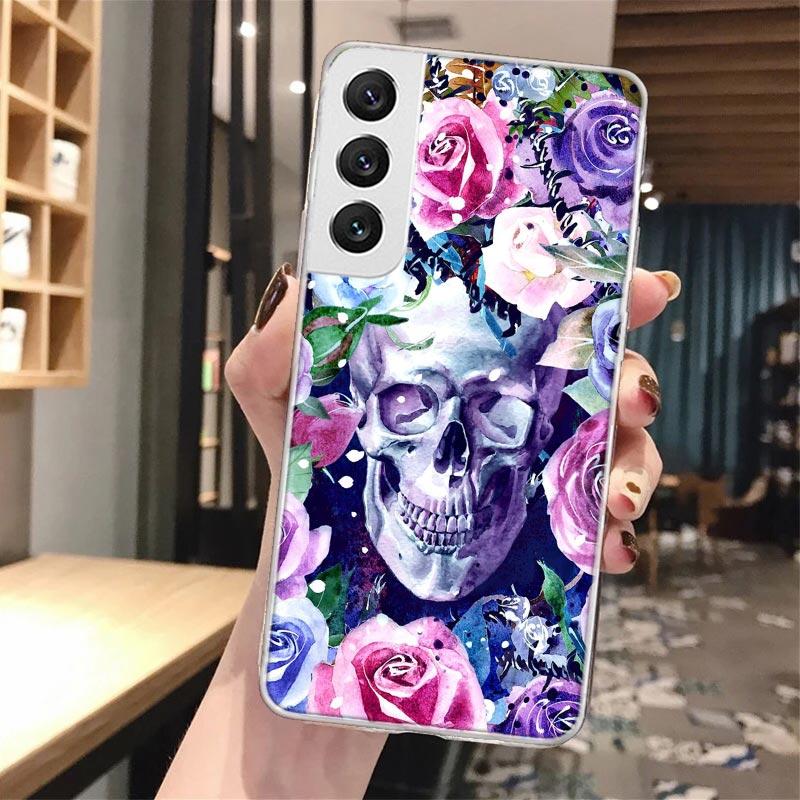 Floral Sugar Skull Flower Soft Phone Case For Samsung Galaxy S24 S23 S22 S25 Ultra S21 Plus S20 FE S10 + S24Ultra Pattern Capa S