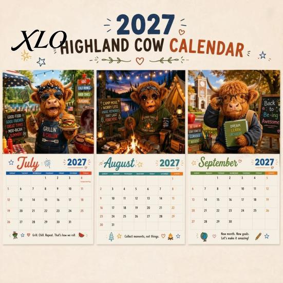 Papier Monats-Wandplaner 2027 Lustiger Hochlandrind Kalender, Niedliches Bauernhoftier 12 Monate Dekorativ für Zuhause Schottische Hängende Rustikale Dekoration Kunst