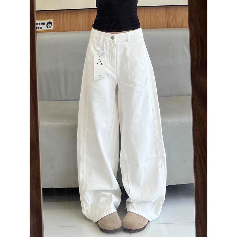 

American White Machete Wide-Leg Workwear Denim Female Summer High Waist Loose Slim Looking Straight Casual Pants Unique White pants 155-165 XL