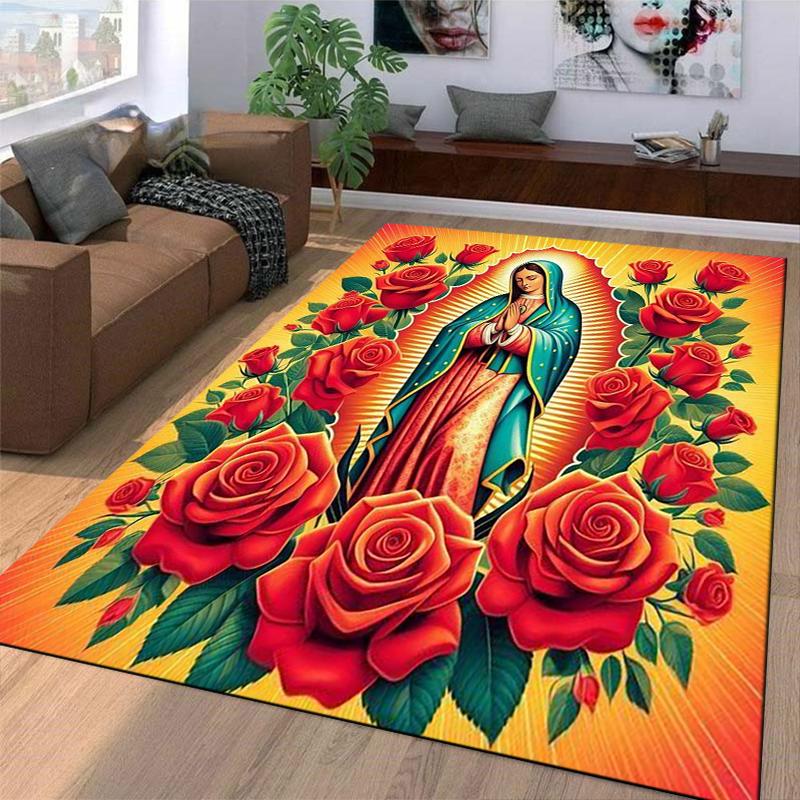 Virgin Mary with Red Roses Carpet Non-slip Rug Suitable for Living Room and Bedroom Sofas