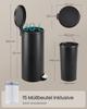 SONGMICS 30L Round Trash Can with 15 Trash Bags, Metal Pedal, Removable Plastic Bucket, Handle, Soft-Close Lid, Steel, Ink Black