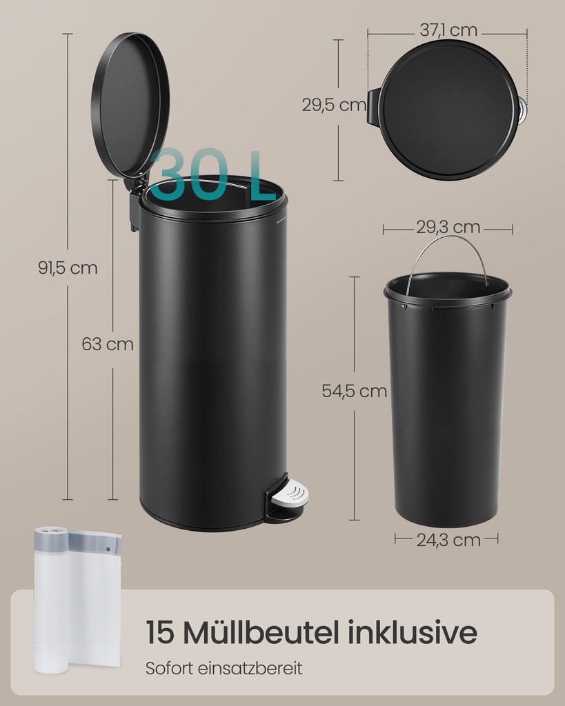 SONGMICS 30L Round Trash Can with 15 Trash Bags, Metal Pedal, Removable Plastic Bucket, Handle, Soft-Close Lid, Steel, Ink Black