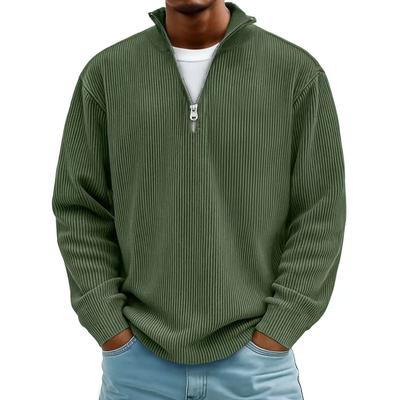 Spring and Autumn Men's Simple Fashion Casual Ribbed Stand Up Collar Zipper Long Sleeve Light Core Velvet