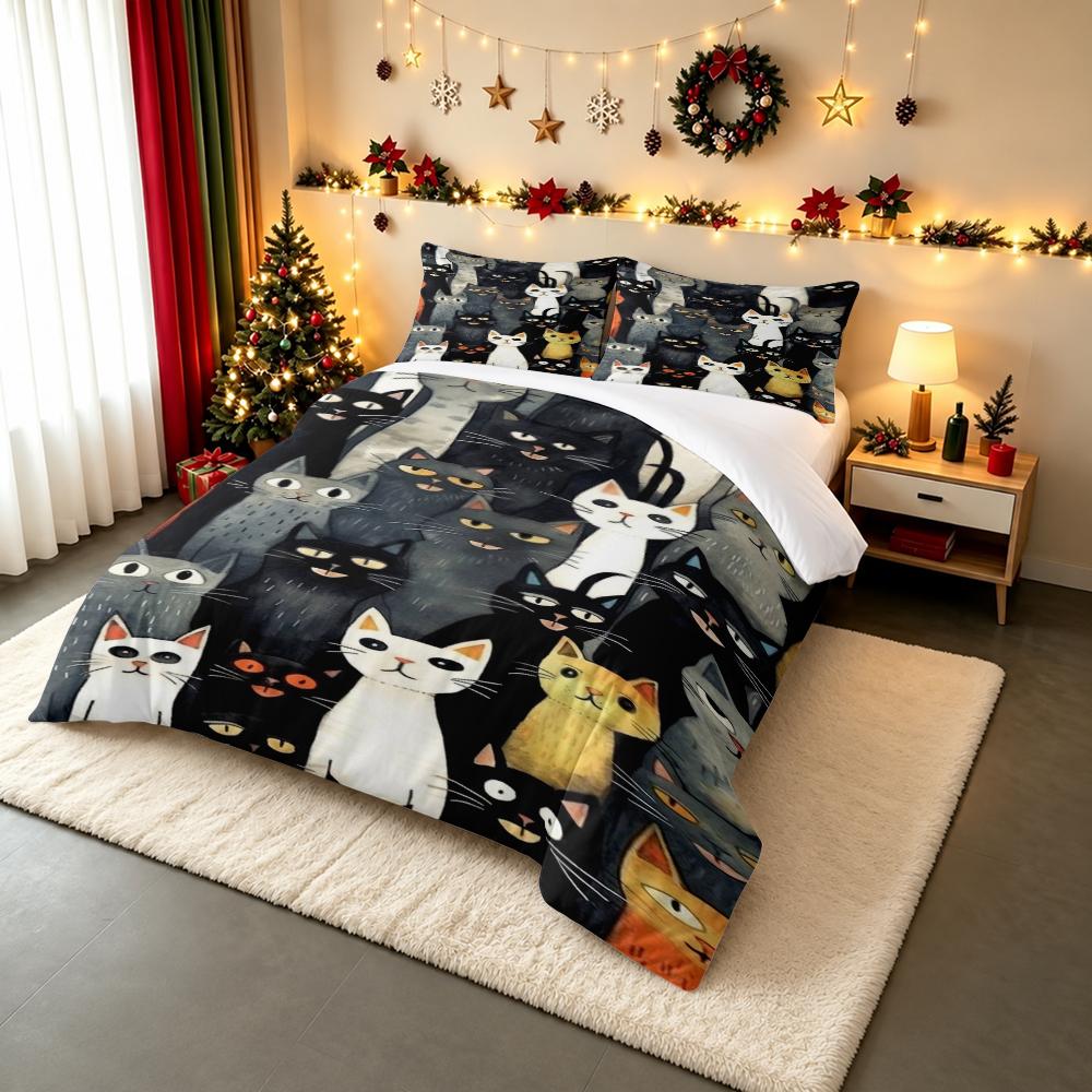 Watercolor Cats Crowd Bedding set (1 duvet cover, 2 pillowcases, duvet not included), Black Grey White Feline Illustration Art Print