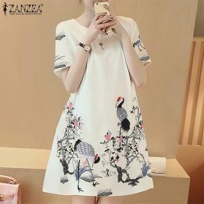 Dámské letní ležérní šaty s kulatým výstřihem a krátkým rukávem s květinovým potiskem, volné šaty do A