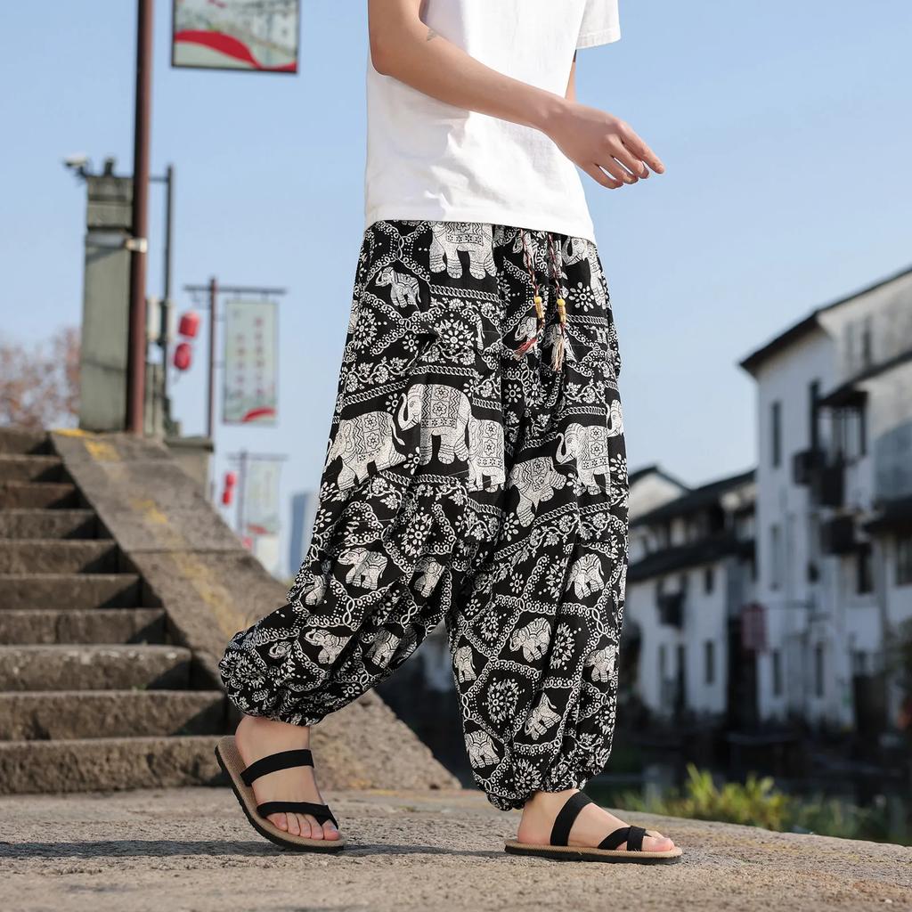 Chinese Style Men Thai Elephant Beach Pants 2026 Spring Summer Men Retro Cotton Trousers Harlan Straight Leg Mid Waist Pants