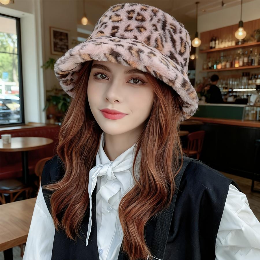 Hat Woman Winter Show Face Little Leopard Print Fisherman Hat Woman Versatile Warm Pot Hat Ins Plush Bucket Hat