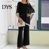 Summer Daily Loose Outfit 2 Pcs/Set Women Top Pants Set Dolman Sleeves Irregular Sequin Hem O Neck Blouse Solid Color Wide Leg Trousers Suit