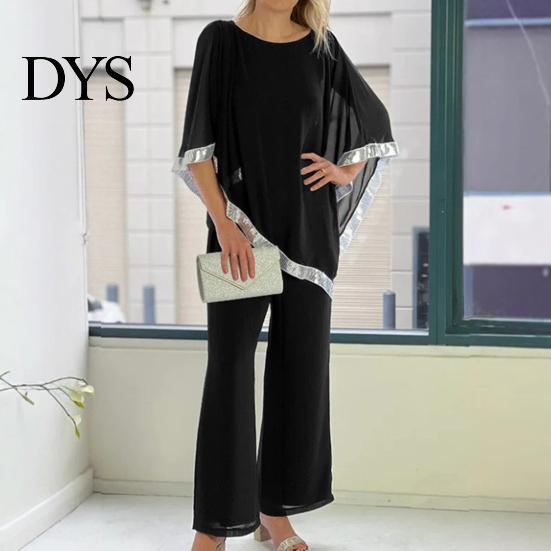 Summer Daily Loose Outfit 2 Pcs/Set Women Top Pants Set Dolman Sleeves Irregular Sequin Hem O Neck Blouse Solid Color Wide Leg Trousers Suit