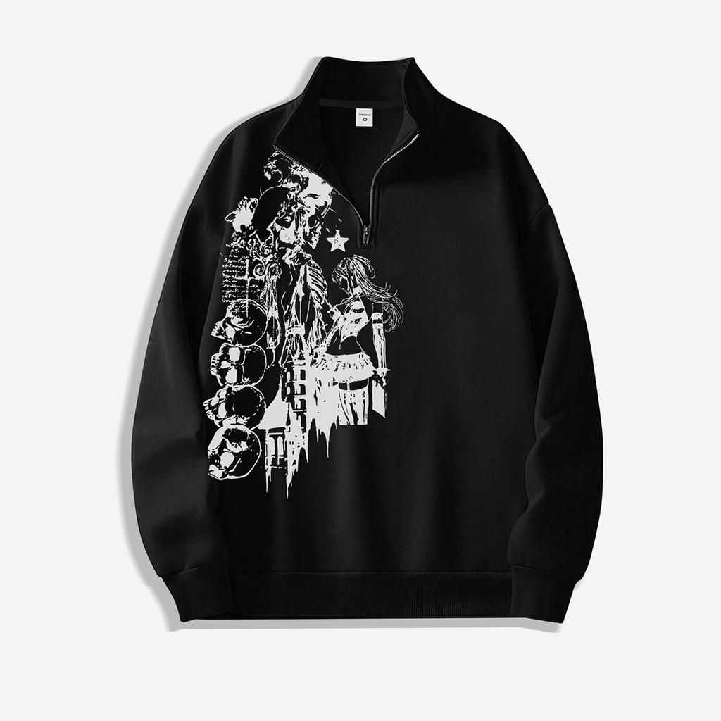 Anime Skeleton Girl Print Short-Zip Hoodie: Anime-Style Dark Punk Hoodie